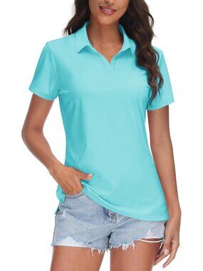Women Lake Blue V-Neck Polo Shirt UPF 50+ Quick Dry Sun Protection Top for gym